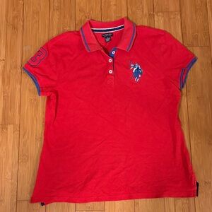 Red Polo Shirt with Blue Logo L Used